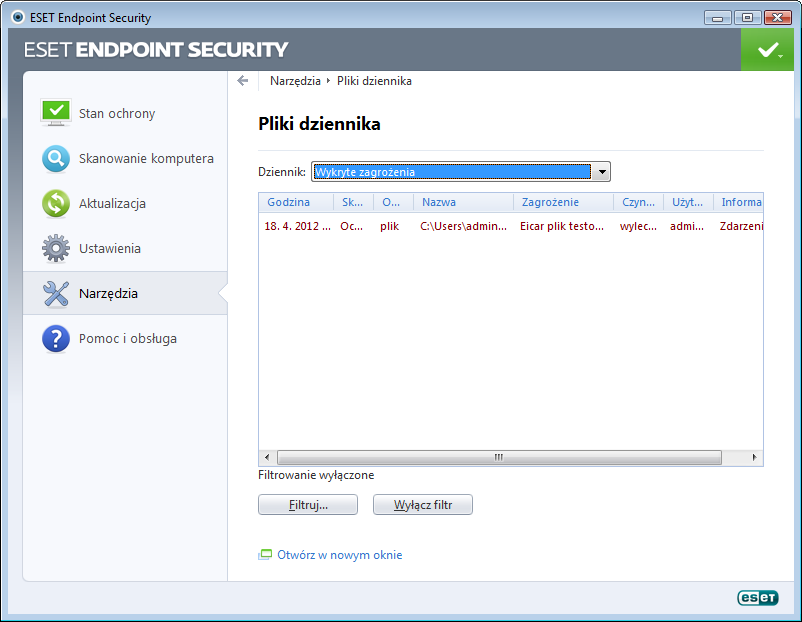 4.6.1 Pliki dziennika Pliki dziennika zawierają informacje o wszystkich ważnych zdarzeniach, jakie miały miejsce w programie, oraz przegląd wykrytych zagrożeń.