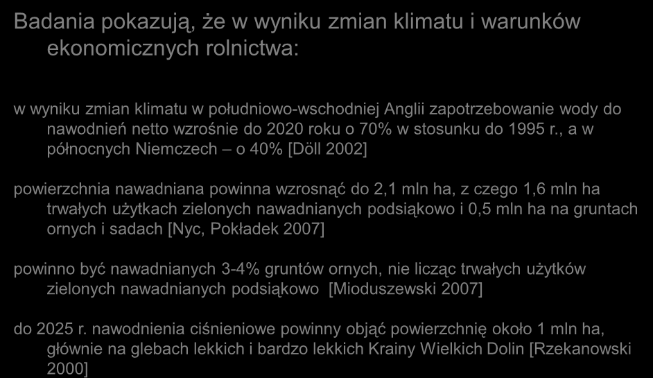 PRZEWIDYWANY ROZWÓJ NAWODNIEŃ W POLSCE Badania pokazują, że w wyniku zmian klimatu i warunków ekonomicznych rolnictwa: w wyniku zmian klimatu w południowo-wschodniej Anglii zapotrzebowanie wody do