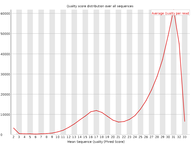 Per sequence quality scores Średnia jakość sekwencji Ostrzeżenie najczęściej