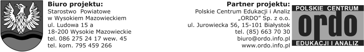 Projekt Pomagamy przedsiębiorczym jest współfinansowany ze środków Europejskiego Funduszu Społecznego, realizowany jest przez Starostwo Powiatowe w Wysokiem Mazowieckiem w partnerstwie z Polskim