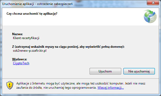 W mailu będzie podany link uruchamiający Aplikację do pobierania i zapisywania odnowionych certyfikatów KIR.