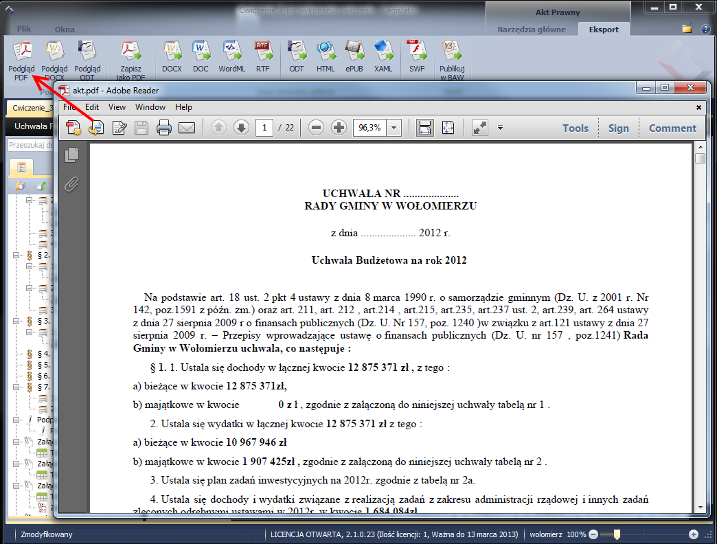 Po czym ponownie blokujemy dokument i sprawdzamy podgląd PDF: Jak widać w naszym dokumencie, nie są jeszcze uzupełnione dane dot. daty i numeru aktu.