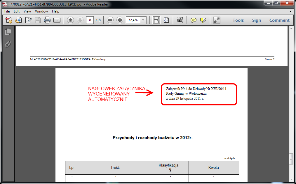 Dzięki zaznaczonej opcji Generuj nagłówek w pliku PDF załącznika binarnego po wyeksportowaniu aktu do PDF (Eksport