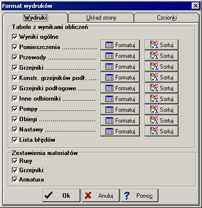 9 Załączniki 91221 Format wydruków / Wydruki - karta Dialog Format wydruków - karta Wydruki Karta służy do wyboru oraz formatowania i sortowania tabel przeznaczonych do druku Aby tabela z wynikami