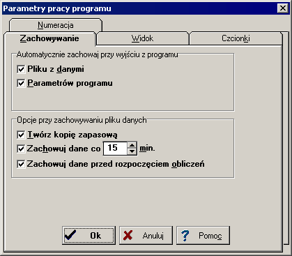 Audytor CO 38 Polecenie Dane Pomieszczenia 185 9137 Parametry pracy programu - dialog Dialog służy do ustalenia parametrów pracy programu Używając myszy lub klawiatury w dialogu należy wybrać