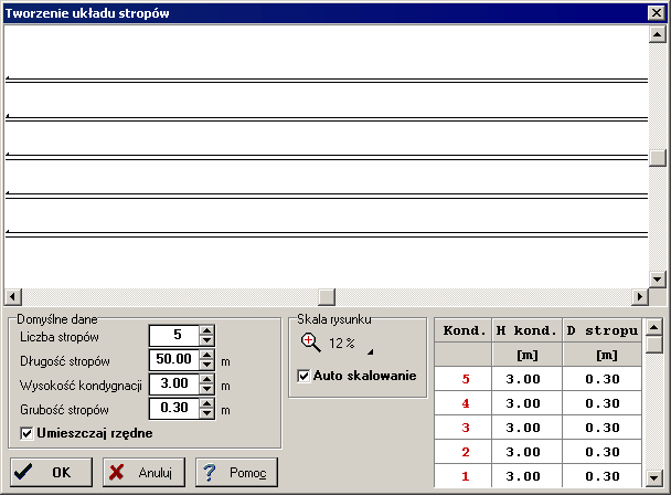 Audytor CO 38 9154 Tworzenie układu stropów - dialog Dialog umożliwia szybkie tworzenie układu stropów, który następnie może być wstawiony na rozwinięcie Dialog Tworzenie układu stropów W jego górnej