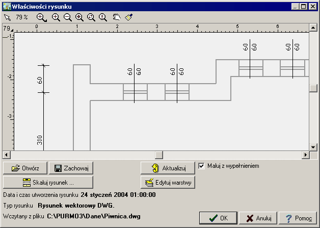 Audytor CO 38 9159 Właściwości rysunku - dialog Dialog umożliwia min sprawdzenie podstawowych informacji o rysunku i przeprowadzenie jego obróbki Poniżej omówiono poszczególne elementy tego dialogu