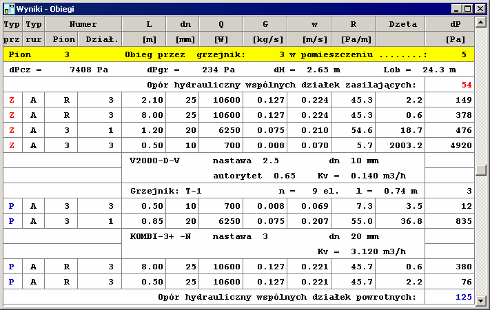 Audytor CO 38 dp, [Pa] W przypadku jednorurowego zaworu zespolonego pole zawiera zastępczy współczynnik kv uwzględniający opór zaworu wraz z oporem grzejnika Gdy czynnikiem grzejnym lub chłodniczym