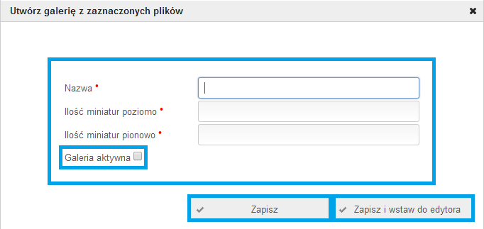 W tym celu zaznacz zdjęcia, które mają znajdować się w galerii, a następnie wybierz opcję Utwórz galerię z zaznaczonych plików. W oknie tworzenia galerii wypełnij wymagane pola.