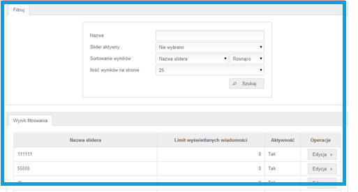 5) SLIDER Opcja ta umożliwia dodawanie/usuwanie/edycję tzw.