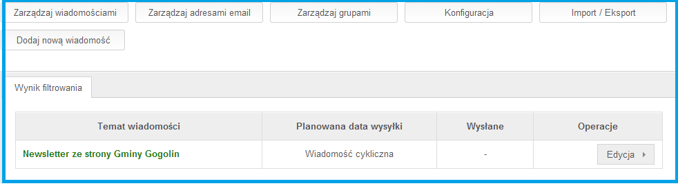 13) Newsletter v2.0 Lista adresów email znajdują się tu lista adresów e-mailowych zapisanych do newsletter a. Newsletter v2.0 to rozbudowana wersja newsletter a służy do wysyłania wiadomości e-mail z serwisu z podziałem na grupy.