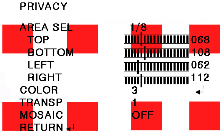 7.11 Menu PRIVACY (Prywatność) Dostępne są maks. 8 obszary prywatności, a każdy z nich jest programowalny pod kątem rozmiaru i położenia.