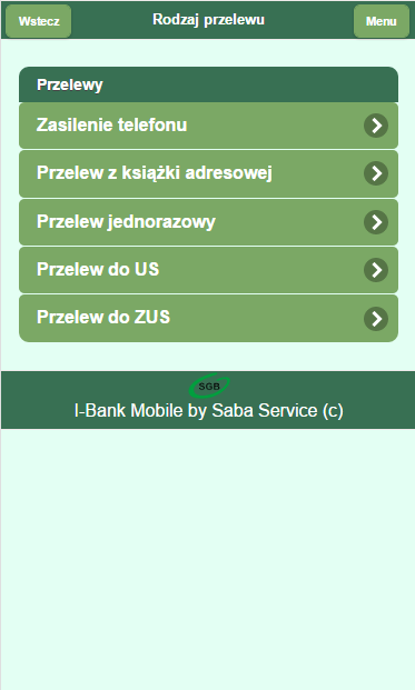 Klient uzyskuje możliwość wystawienia jednorazowego przelewu: na rachunek adresata zdefiniowanego w książce adresowej, na rachunek własny, na rachunek w innych bankach, na rachunek Urzędu Skarbowego,