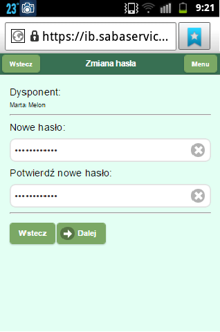 wyświetlonym formularzu należy wprowadzić dwukrotnie nowe hasło (Rys 336) Po wprowadzeniu nowego hasła należy zatwierdzić zmianę wciskając przycisk Kolejne kroki