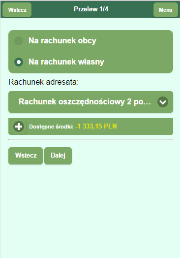 Rys33 Szczegóły rachunku z opcją wystawienia przelewu z rachunku Kolejnym krokiem jest wybór rodzaju przelewu Klient uzyskuje możliwość zrealizowania przelewu na rachunek obcy lub rachunek własny