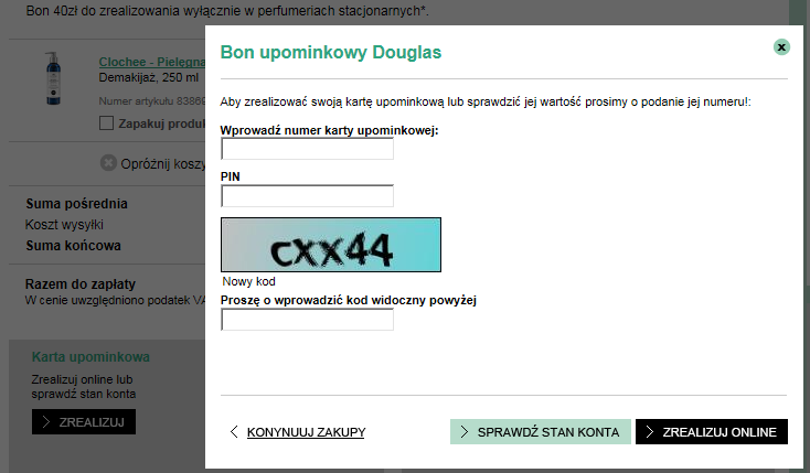 2. Następnie należy wpisać numer kodu promocyjnego ( Wprowadź numer karty upominkowej) oraz numer PIN w odpowiednie miejsca, oraz przepisać kod