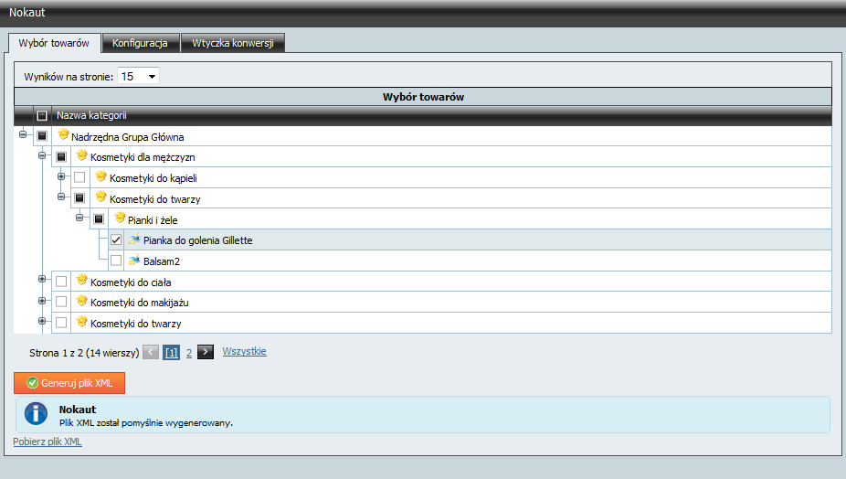 5 Wysłanie towarów Wysłanie towarów do serwisu Nokaut/Radar odbywa się za pomocą pliku XML. Adres dla generowanych plików XML znajduje się w zakładce Konfiguracja.