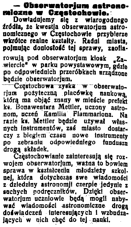 nastąpiło jednak uroczyste wręczenie ks. Prałatowi Metlerowi kluczy do obserwatorium.