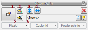 Otwory w ścianach 1. Własności otwiera okno Własności. 2. Malarz czcionek i pisaków przejmuje ustawienia pisaków (grubości i rodzaje linii) oraz wielkość i rodzaj czcionki. 3.
