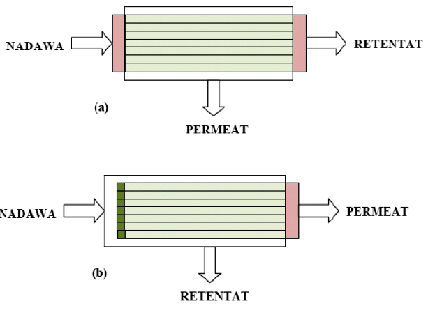 (rysunek 10a), w drugim zaś roztwór zasilający podawany jest na zewnątrz kapilar, a permeat odprowadzany jest przez otwory kapilar z czoła modułu (rysunek 10b).