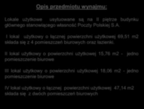 II lokal użytkowy o powierzchni użytkowej 15,76 m2 - jedno pomieszczenie biurowe III lokal użytkowy o powierzchni użytkowej 18,06 m2 - jedno pomieszczenie biurowe IV lokal