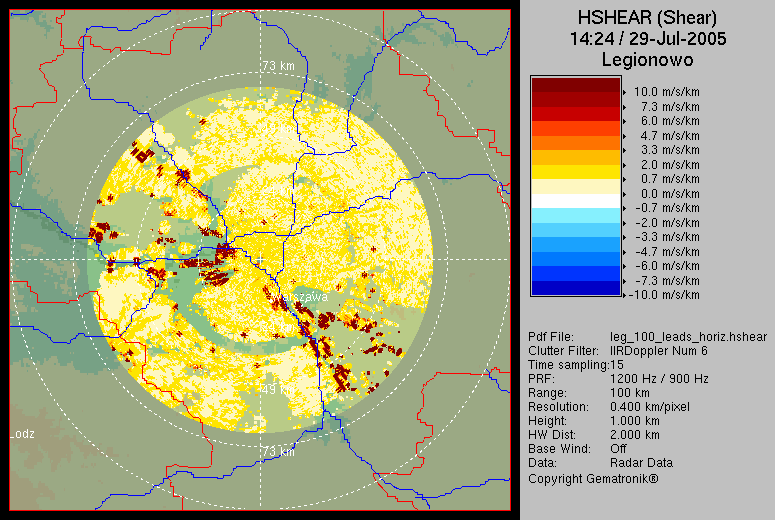 HSHEAR (Horizontal Shear) Gradient poziomy Wartości produktu są obliczane na podstawie oszacowania zmiany prędkości wiatru w kierunku półn.-poł. oraz zach.