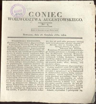 8 Goniec Woiewodztwa Augustowskiego/ [red. Franciszek Osipowski, Tomasz Teofil Światopełk Mirski]. - Suwałki : [s. n.], 1830-1831. 18x21 cm. Nr 1; Nr 4; Nr 12; Nr 14.