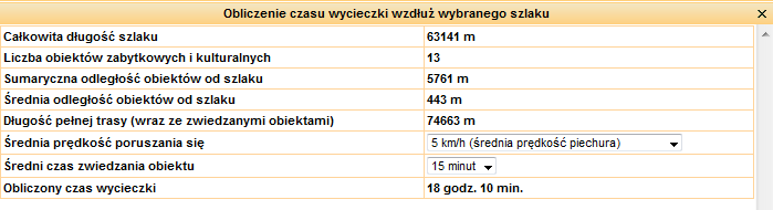 Obliczenie czasu wycieczki Po naciśnięciu ikony z