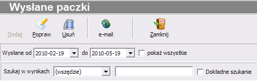 Historia wysyłek Historia wysłanych paczek zawiera informacje o wysłanych przesyłkach z datą nadania, numerem nadawczym oraz danymi adresata.