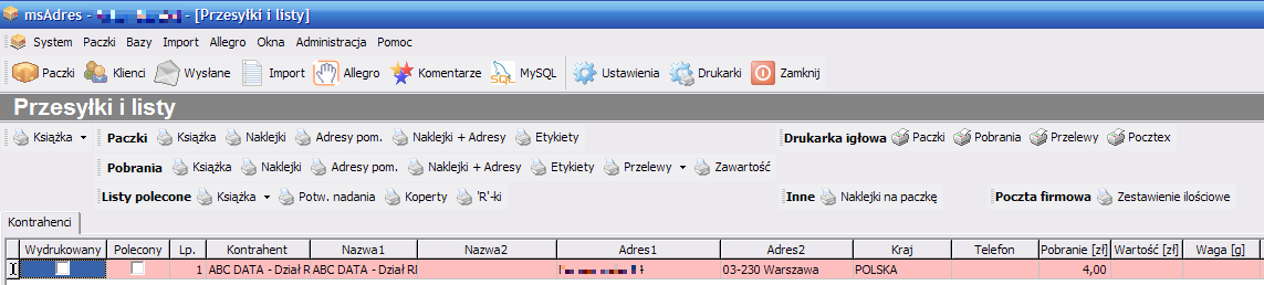Okno Przesyłki i Listy To główne miejsce pracy w programie, tutaj wprowadza się dane adresatów oraz generuje wydruki.