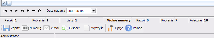W dolnej części okna znajdują się następujące przyciski i opcje. Zapis danych do historii wysłanych paczek Nadaj przesyłkom numery nadawcze z puli numerów.