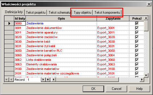 - 10 - Nowe zakładki w oknie Właściwości projektu. Możliwość definiowania własnych obiektów i tekstów.