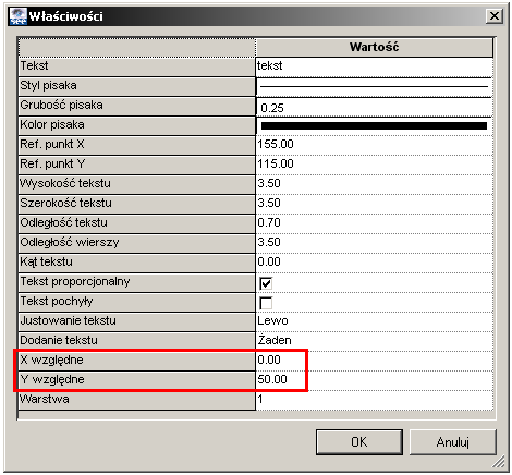 - 7 - Współrzędne względne tekstu. Jeżeli wartości współrzędnych będą różne od 0.00, To ten tekst będzie przetwarzany z ustaloną pozycją.