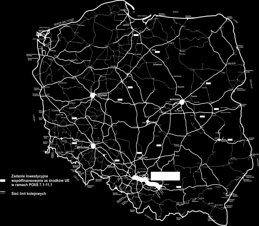 Główne zadania realizowane w ramach POIiŚ Modernizacja linii kolejowej E 30, etap II, odcinek Zabrze Katowice Kraków Długość odcinka: 58,2 km Zakres modernizacji : 18 szlaków