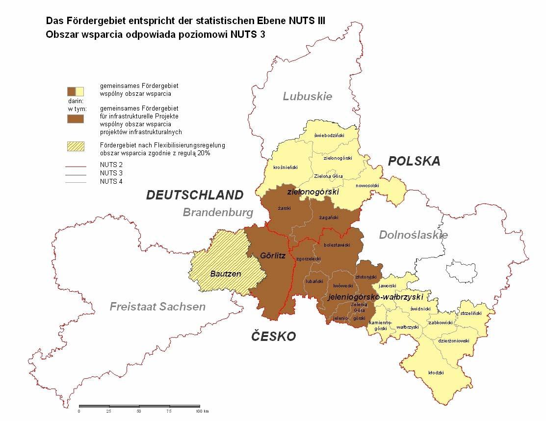 Podstawowe informacje o projekcie Wspólny obszar wsparcia Powierzchnia - 22 745 km² część polska - 18 248 km² (80,2%) część saksońska - 4