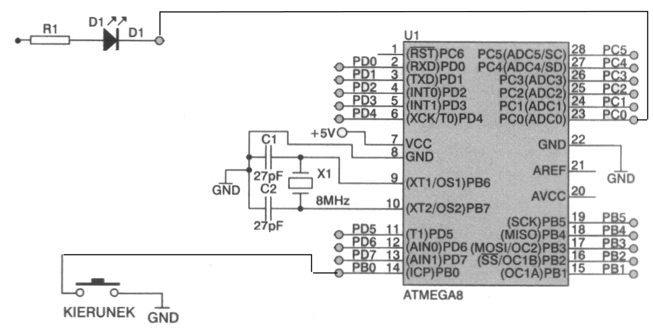 Program 11 Schemat połączenia diody LED do linii PB0 portu B