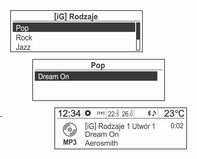 Podłączanie zewnętrznych odtwarzaczy audio 139 Nacisnąć ponownie pokrętło wielofunkcyjne i obrócić pokrętło, aby z wyświetlonej listy wyszukanych pozycji wybrać żądany tryb odtwarzania.