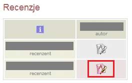 7], który zawiera odnośnik do formularza recenzji. Rys. 6. Strona pracy dyplomowej - blok Recenzje Na stronie pracy należy kliknąć w ikonę recenzji podświetloną na czerwono.