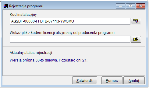 Klucz licencyjny dostarczany jest użytkownikowi w postaci pliku pocztą e-mail. Po otrzymaniu pliku użytkownik musi zarejestrować go w programie (patrz rys. 1.) 2.