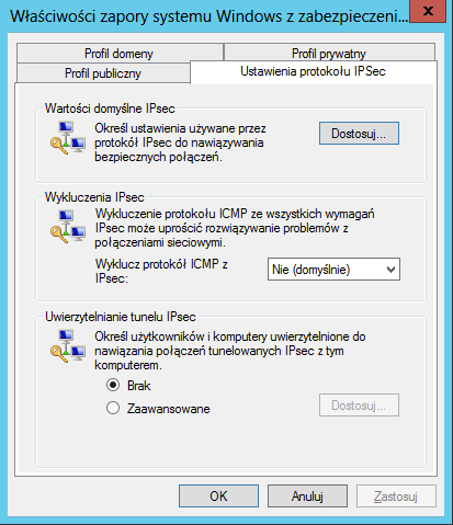 Grupa Wartości domyślnie IPSec pozwala na określenie takich wartości jak sposób wymiany kluczy pomiędzy komputerami, sposób ochrony danych w trybie szybkim (ochrona/szyfrowanie poszczególnych