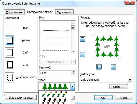 Obramowanie i cieniowanie strony Niektóre dokumenty, takie jak dyplomy, plakaty czy ogłoszenia można ozdobić za pomocą obramowania strony.
