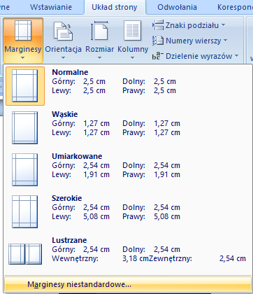 Format strony Microsoft Word <1> Marginesy predefiniowane dostęp Układ strony/marginesy Ustawienie własne Marginesy
