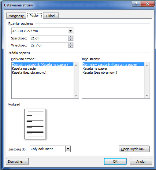 Format strony Microsoft Word <2> Ustawienie wymiarów papieru (strony dokumentu) Wymiary