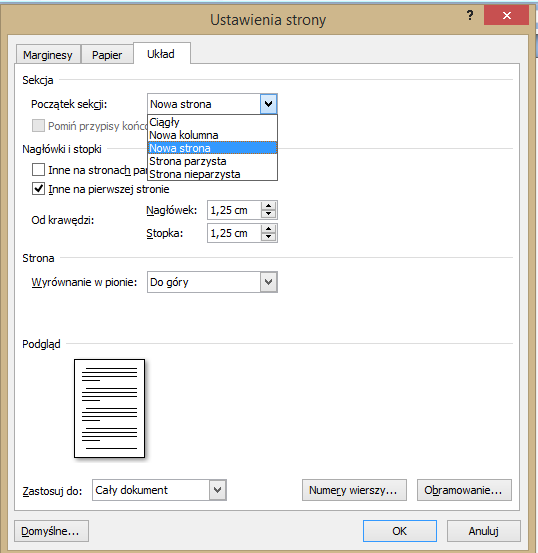 Format strony Microsoft Word <3> Ustawienie parametrów sekcji Nagłówki i stopki