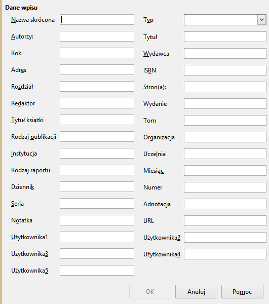Literatura OpenOffice Wpis bibliograficzny umieszczany jest w bazie danych sprzężonej z dokumentem W tekście