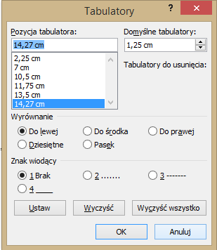 Tabulatory Tabulator miejsce na linijce poziomej, które wskazuje, jakie ma być wcięcie tekstu lub gdzie