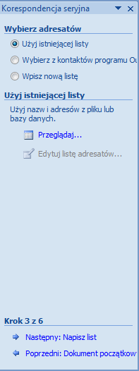 5. Po wybraniu kreatora korespondencji seryjnej krok po kroku z boku dokumentu pojawi się nowe okienko z napisem korespondencja seryjna. Wybieram typ dokumentu będzie to list 6.