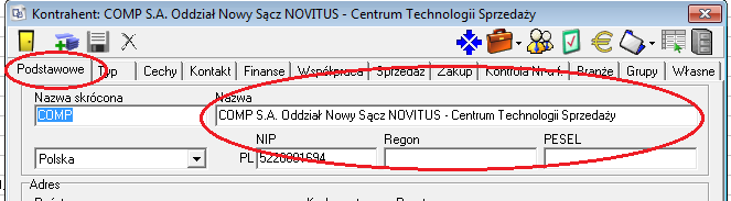 Sprawdź czy posiadasz kontrahenta COMP SA o nr NIP 522-000-16-94, jeżeli tak, uzupełnij dane, jeżeli nie utwórz nowego kontrahenta: Ikona Kontrahenci przycisk dodaj COMP S.A. Oddział Nowy Sącz NOVITUS - Centrum Technologii Sprzedaży NIP 5220001694, 02-230 Warszawa, ul.