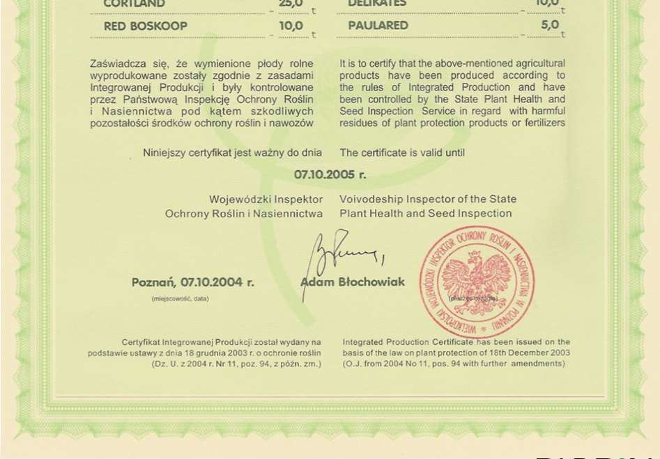 Certyfikat IP Poświadczeniem stosowania integrowanej produkcji był certyfikat, wydawany przez wojewódzkiego inspektora właściwego