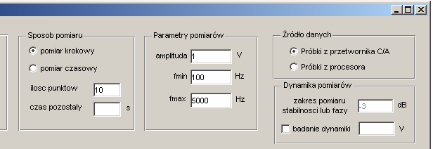 W programie dostępne są następujące typy pomiarów: Charakterystyka amplitudowa umoŝliwia pomiar charakterystyki amplitudowej filtra metodą punkt po punkcie : dla zadanych częstotliwości filtr